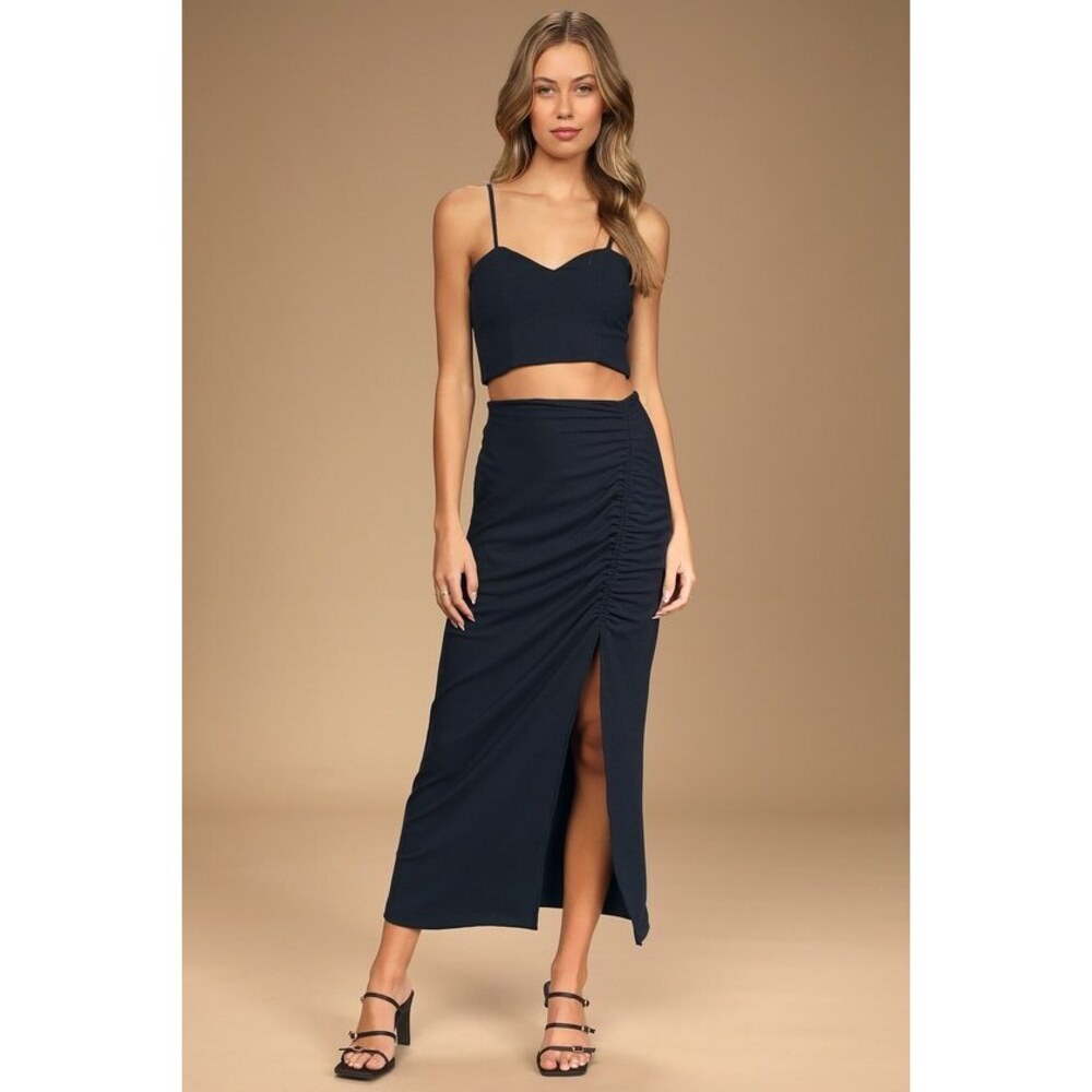 Lulus Delightful Double Midnight Blue Ribbed Two-piece Midi Dress - Size S